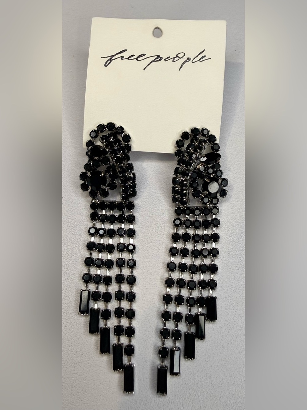 NWT Free People Crystal Fringe Earrings Silver and Black